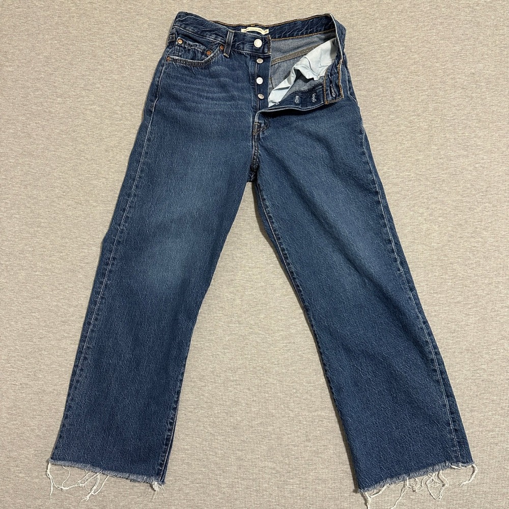 Levi's Ribcage Straight Ankle Jeans Medium Wash Blue Raw Hem Womens Size 28x28